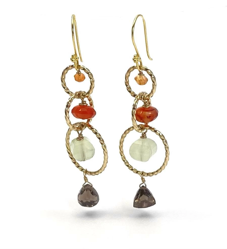 Gigi Kaufman Jewelry Gold Chain Earrings With Carnelian, Prehnite & Smoky Quartz 1 Gigi Kaufman Jewelry Gold Chain Earrings With Carnelian, Prehnite & Smoky Quartz