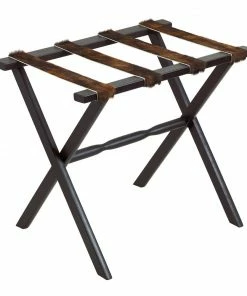Gate House Furniture Luggage Rack- Black Straight Leg Wood With 4 Brown Cowhide Straps