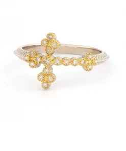 Jude Frances Mixed Metal Woven Rope Cross Ring With White Diamonds
