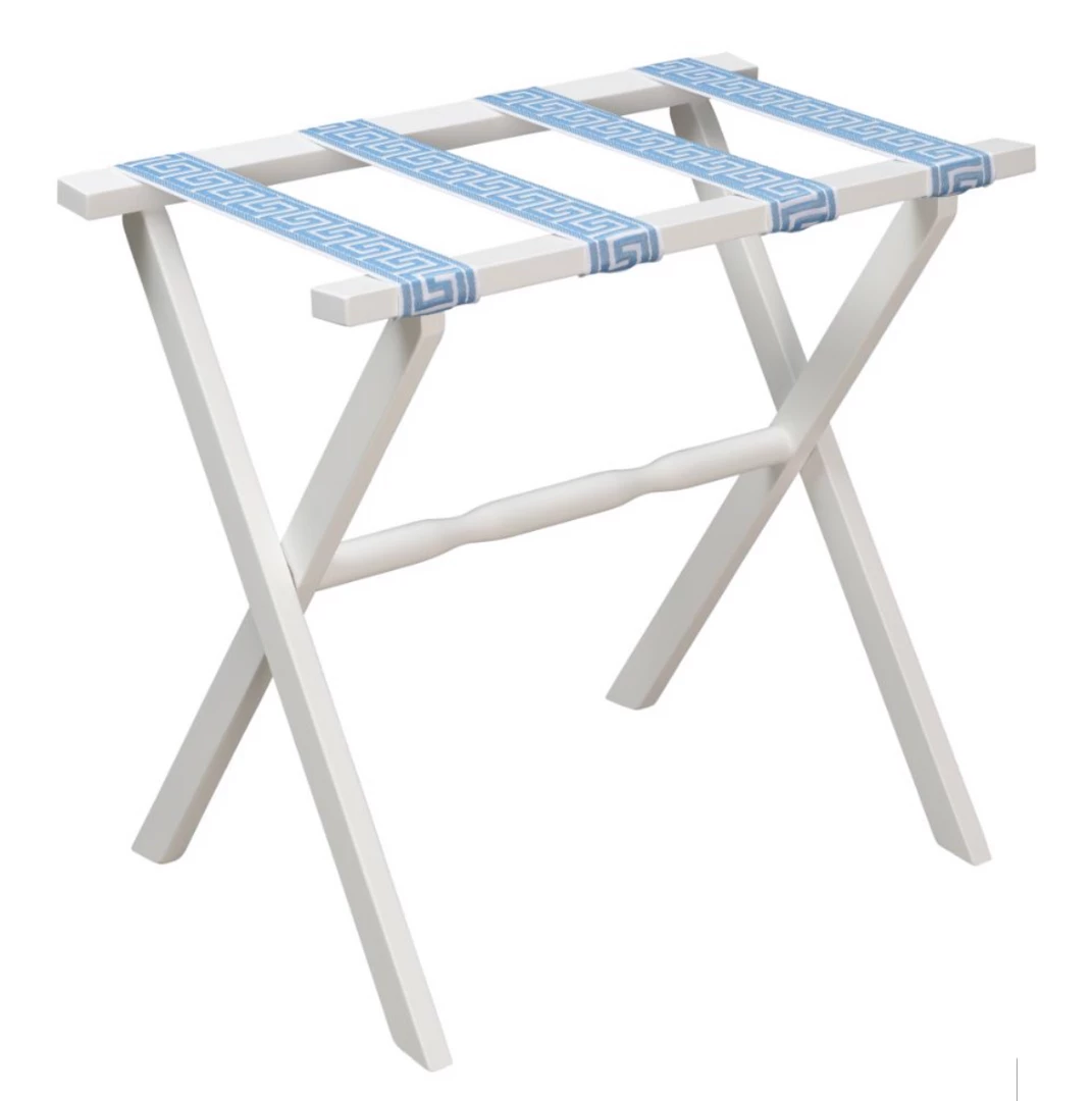 Gate House Furniture Luggage Rack-White Frame With White & Sky Blue Greek Key Straps Gifts By Occasion 1 Gate House Furniture Luggage Rack-White Frame With White & Sky Blue Greek Key Straps Gifts By Occasion